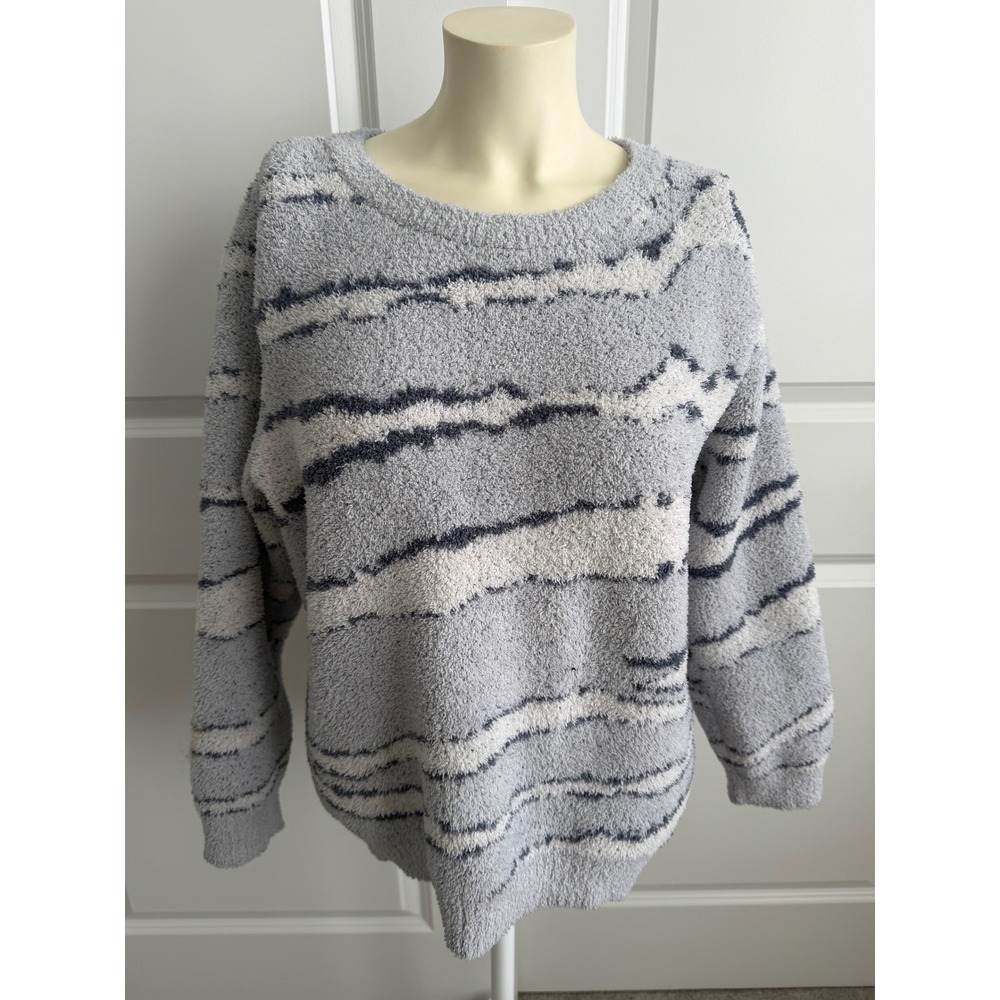 Barefoot Dreams CozyChic Abstract Stripe Crewneck Sweater Gray White BDWCC1756 L